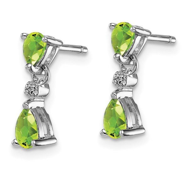 Sterling Silver Rhodium Plated Pear Peridot and Diamond Post Earrings - Picture 4 of 4